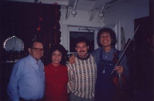 Lawrence Haley, Pat Haley, Steve Haley, and John Hartford at a Christmas Party, Nashville, TN, 1991-1994
