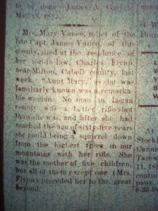 Mary Vance, wife of Jim Vance, of Hatfield-McCoy feud fame, Logan County Banner, October 4, 1894
