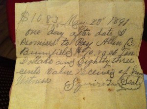 Squire Toney promissory note to Allen B. Brumfield (1891)