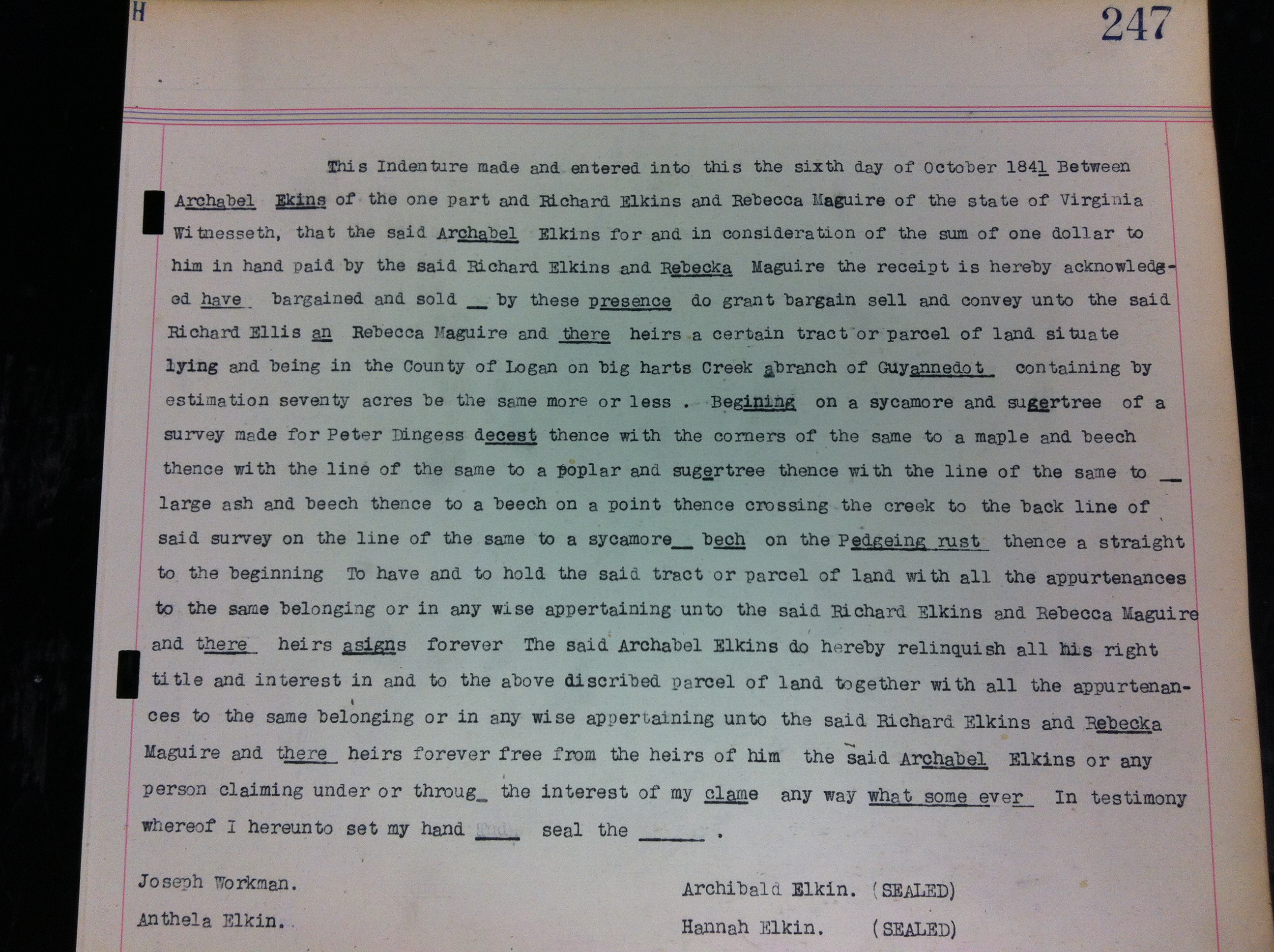 Archibald Elkins to Richard Elkins Deed 1841 1