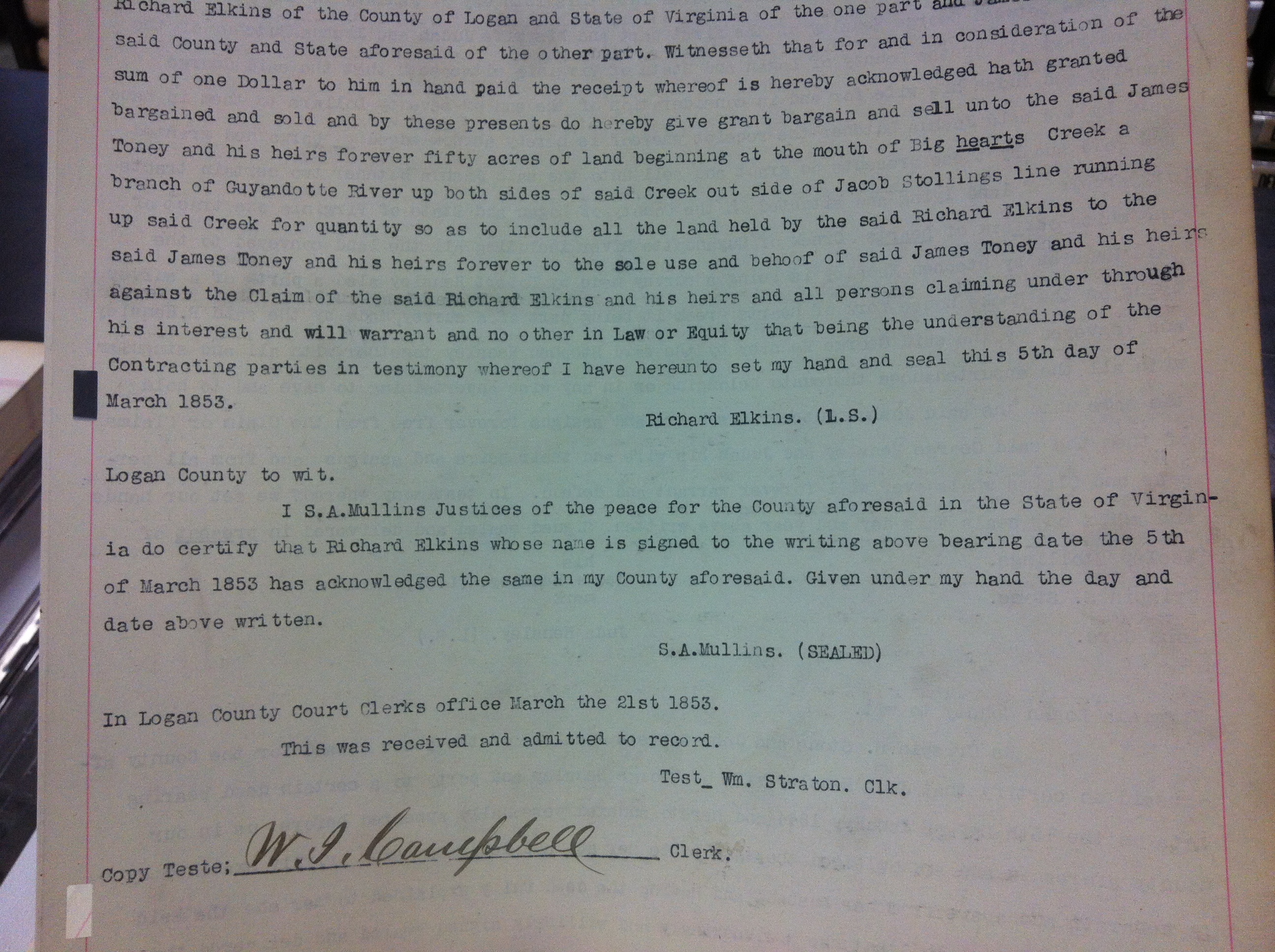 Richard Elkins to James Toney 1853 3