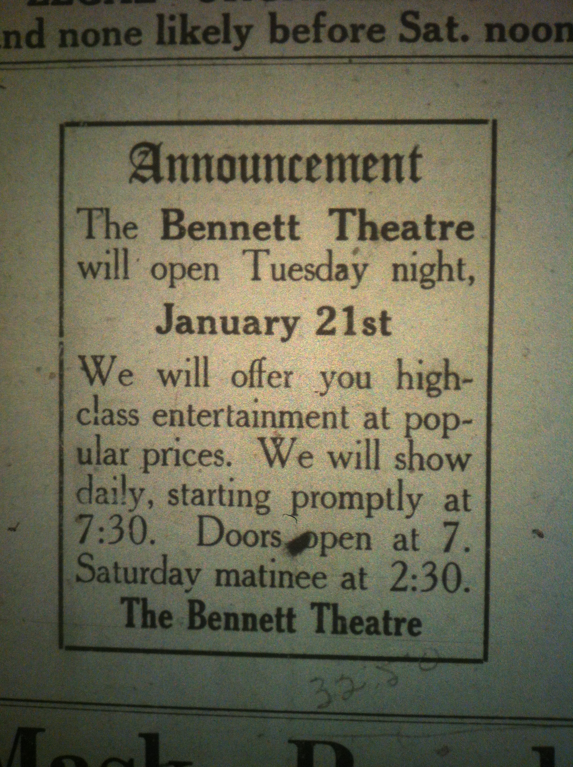 Bennett Theatre Advertisement LB 01.17.1913