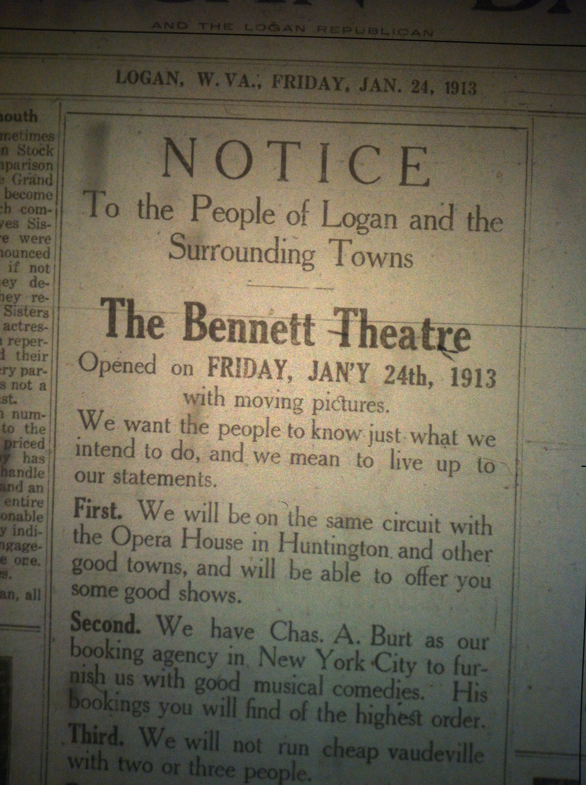 Bennett Theatre Announcement LB 01.24.1913.JPG