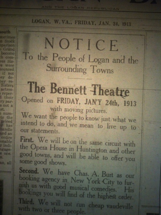 Bennett Theatre Announcement LB 01.24.1913.JPG