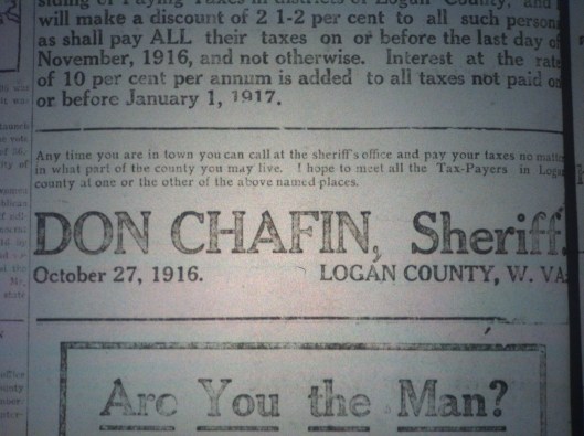 Sheriff Don Chafin Ad LD 11.23.1916.JPG