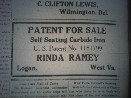 Rinda Ramey Patent for Sale LD 01.11.1917.JPG