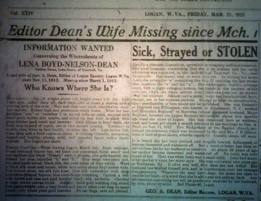 George A. Dean's Wife Missing LB 03.21.1913 1