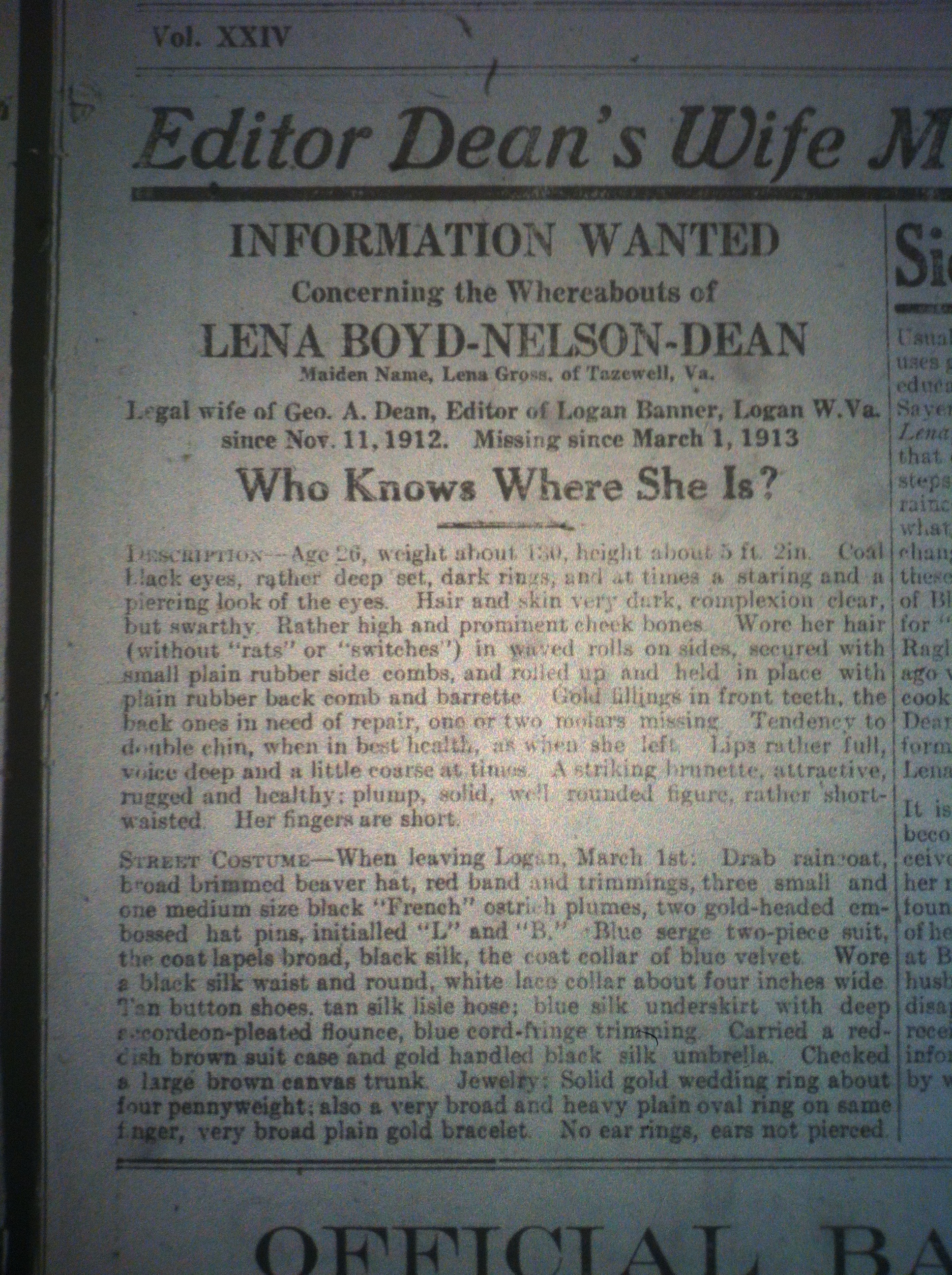 George A. Dean's Wife Missing LB 03.21.1913 2