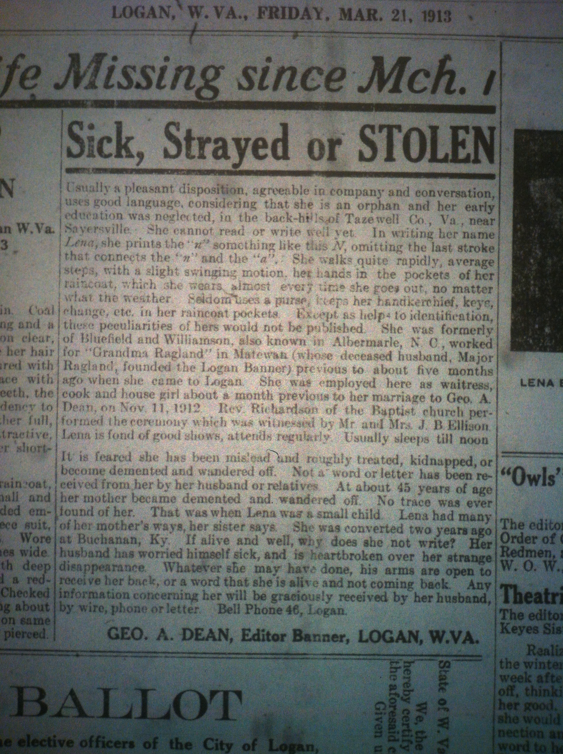 George A. Dean's Wife Missing LB 03.21.1913 3
