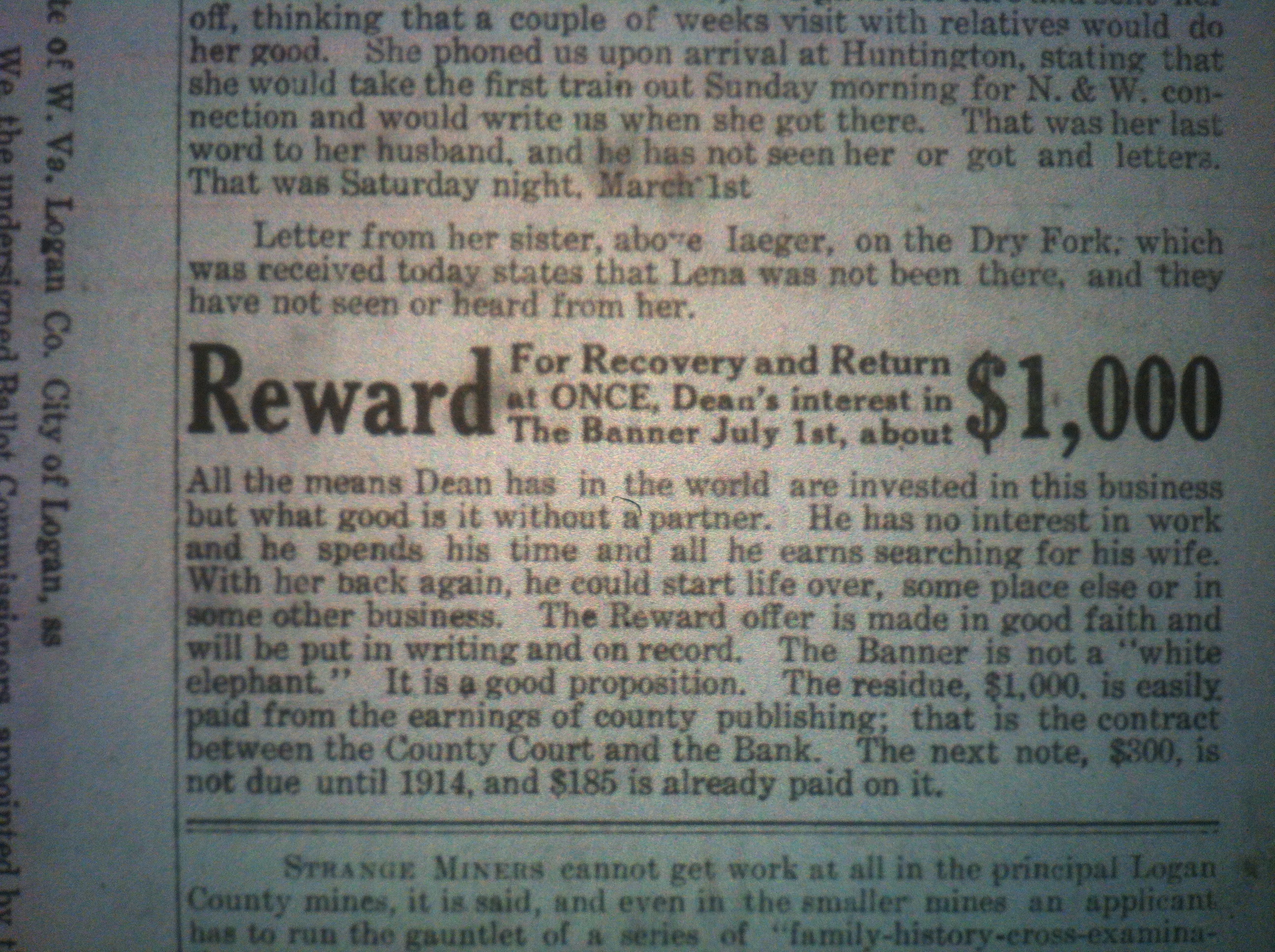 George A. Dean's Wife Missing LB 03.21.1913 6