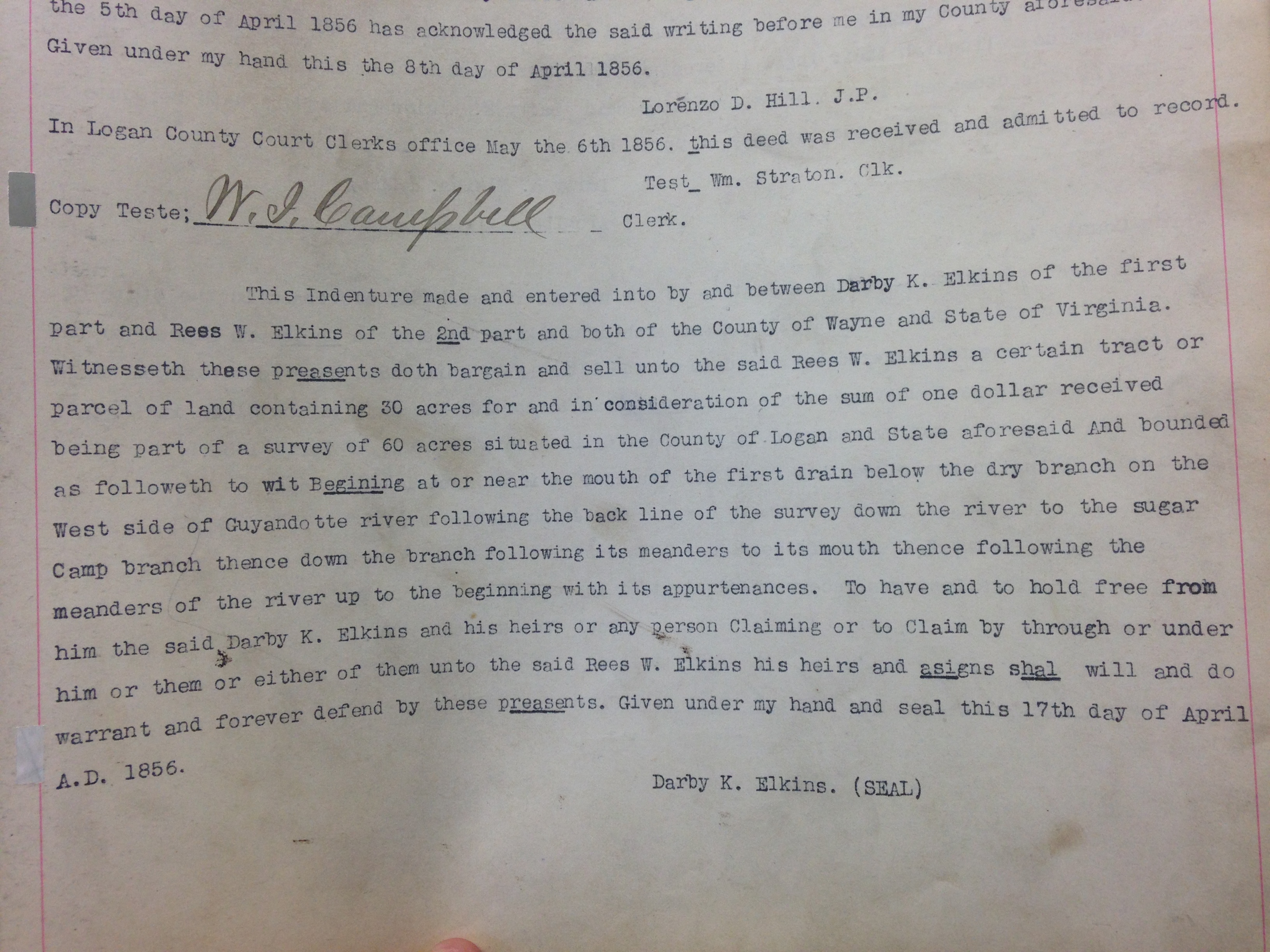 Darby K. Elkins to Reece W. Elkins Deed 1